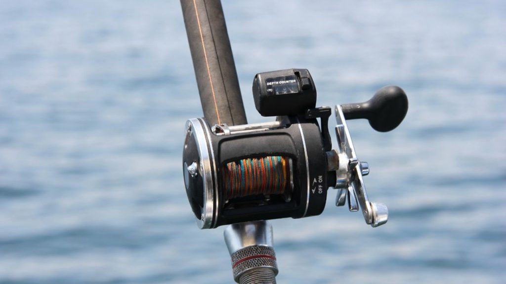A closer look of a trolling reel with depth counter