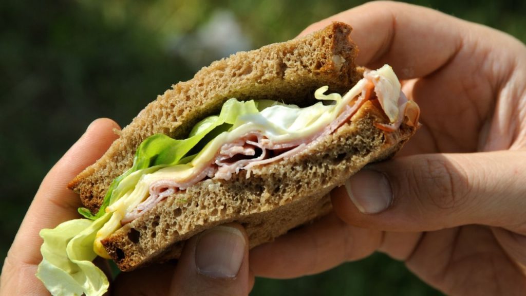 A person holding a sandwich