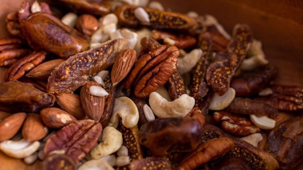 Close up photo of a trail mix, a great fishing snack.