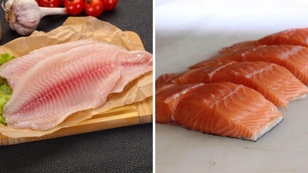 Photo showing the meat of salmon and tilapia