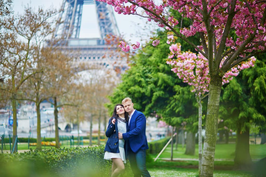 Romantic Couple In Paris Near The Eiffel Tower